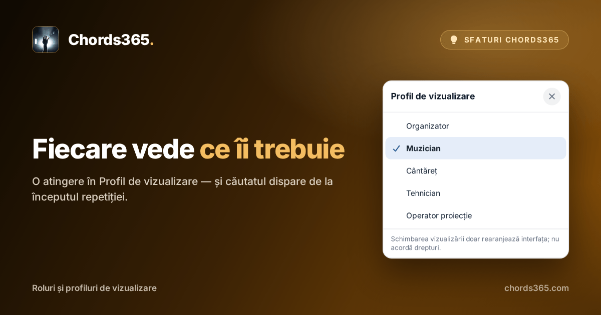 Fereastra „Profil de vizualizare” din Chords365: se poate alege între Organizator, Muzician, Cântăreț, Tehnician și Operator proiecție; acum este activ Muzician.