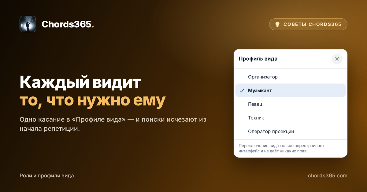 Окно «Профиль вида» в Chords365: можно выбрать Организатора, Музыканта, Певца, Техника или Оператора проекции; сейчас активен Музыкант.