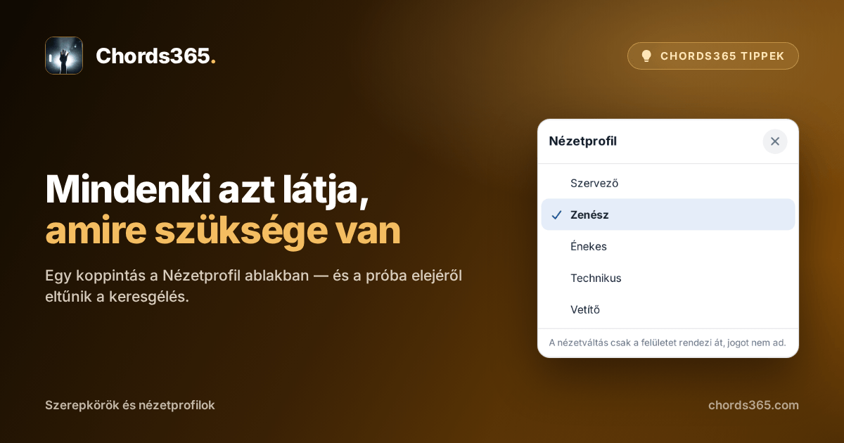 A Chords365 Nézetprofil ablaka: Szervező, Zenész, Énekes, Technikus és Vetítő közül lehet választani, most a Zenész az aktív.