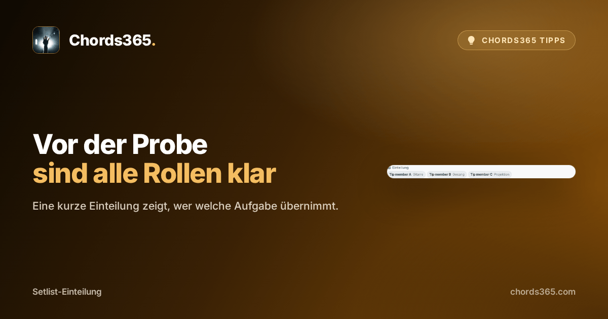 Anonymisiertes Chords365-Panel zur Setlist-Einteilung mit künstlichen Beispielmitgliedern und Aufgaben.