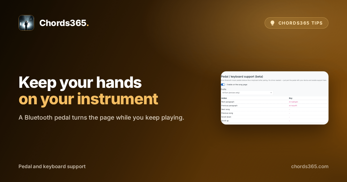 The Chords365 Pedal / keyboard support settings: enable switch, AirTurn profile and assigned arrow keys.