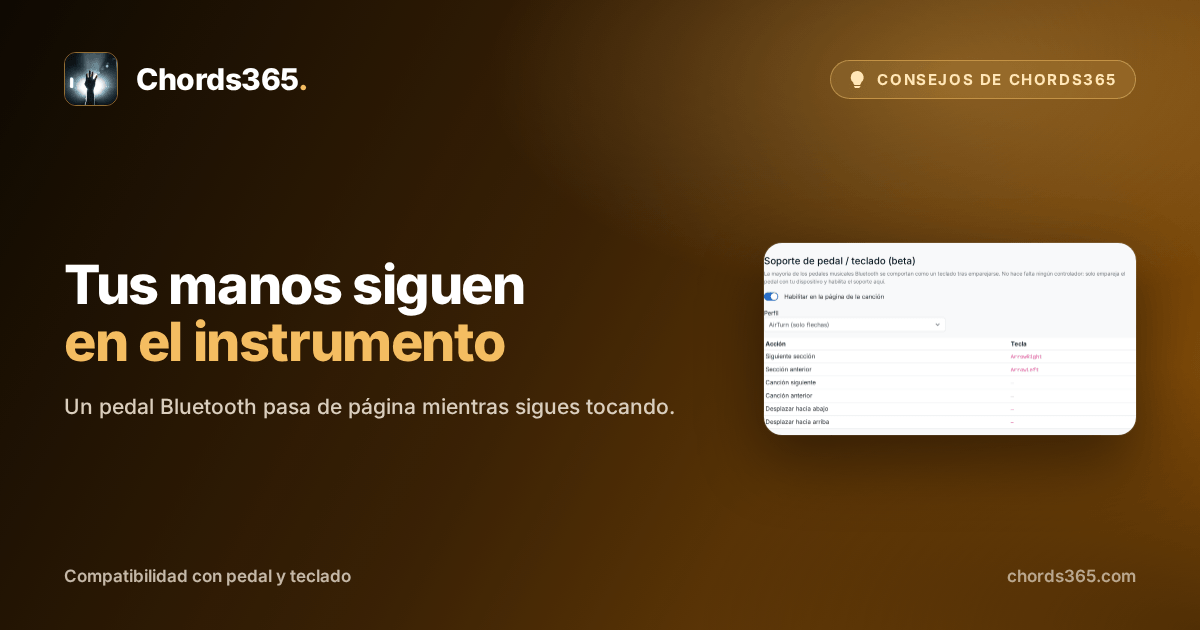 Los ajustes de Soporte de pedal / teclado de Chords365: interruptor de activación, perfil AirTurn y teclas de flecha asignadas.