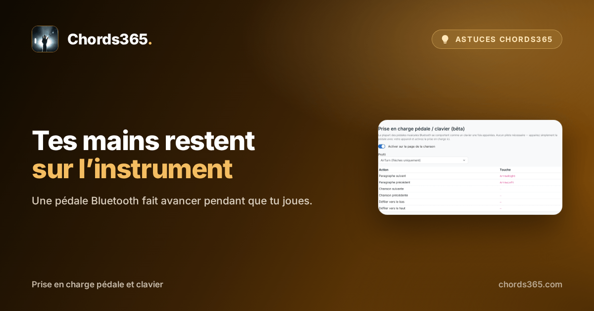 Les réglages Prise en charge pédale / clavier de Chords365 : interrupteur d'activation, profil AirTurn et touches fléchées attribuées.