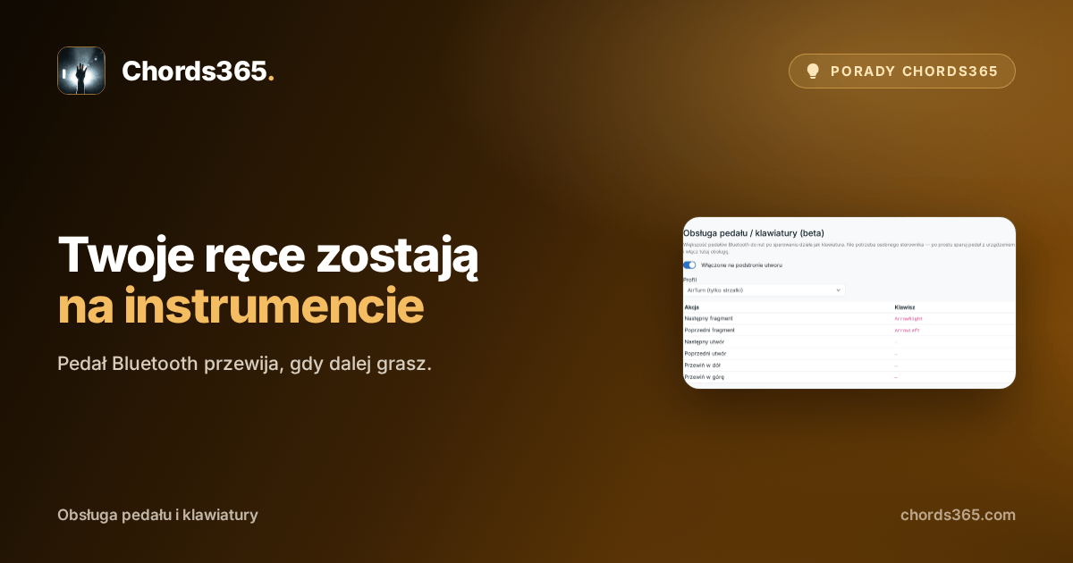 Ustawienia Obsługa pedału / klawiatury w Chords365: przełącznik włączenia, profil AirTurn i przypisane klawisze strzałek.