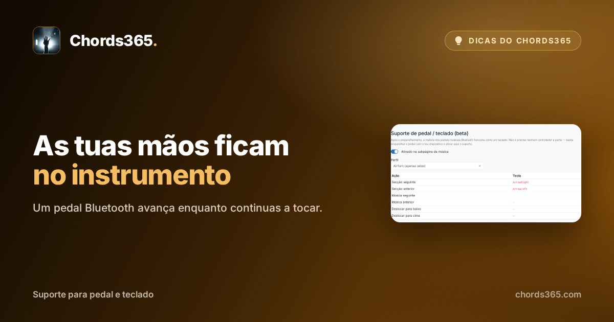 As definições de Suporte de pedal / teclado do Chords365: interruptor de ativação, perfil AirTurn e teclas de seta atribuídas.