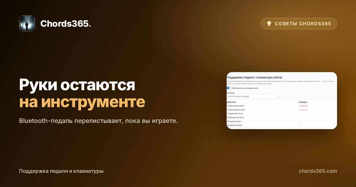 Настройки Chords365 «Поддержка педали / клавиатуры»: переключатель включения, профиль AirTurn и назначенные клавиши-стрелки.
