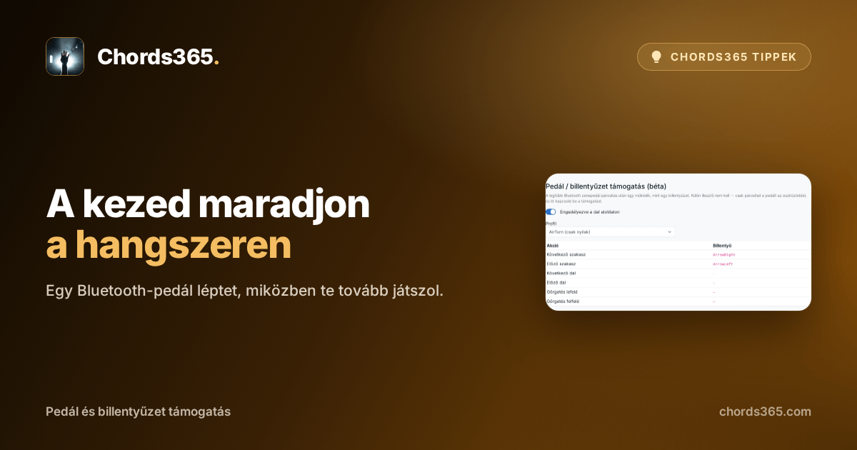 A Chords365 Pedál / billentyűzet támogatás beállítása: engedélyező kapcsoló, AirTurn-profil és a hozzárendelt nyílbillentyűk.