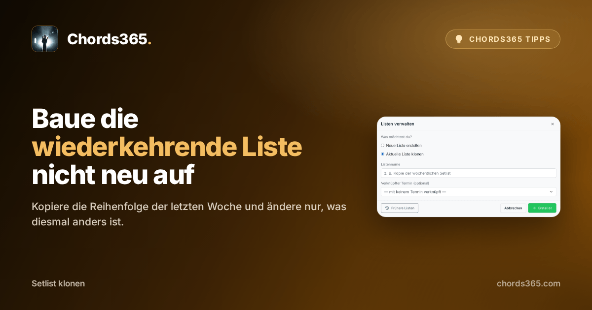 Der Chords365-Dialog zur Listenverwaltung mit ausgewählter Option zum Klonen der aktuellen Setlist.