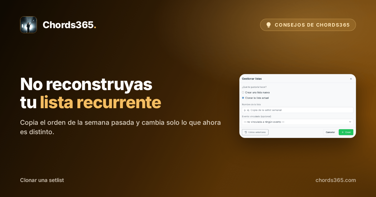 El diálogo Gestionar listas de Chords365 con la opción de clonar la setlist actual seleccionada.