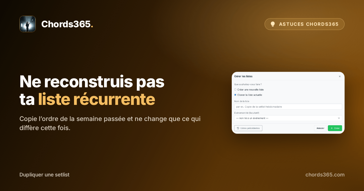 La fenêtre Gérer les listes de Chords365 avec l’option pour dupliquer la setlist actuelle sélectionnée.