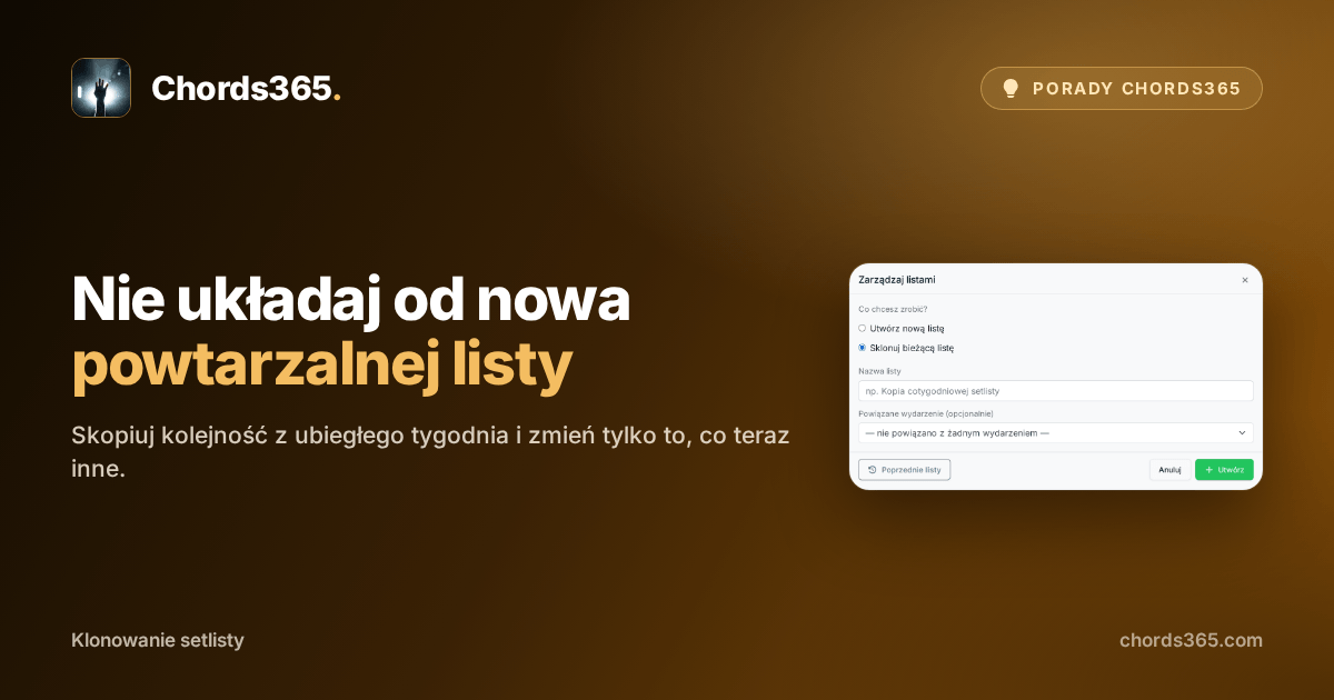 Okno Zarządzaj listami w Chords365 z zaznaczoną opcją klonowania bieżącej setlisty.