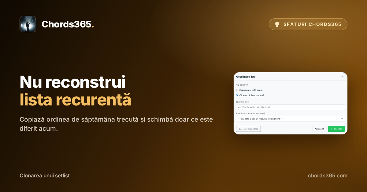 Fereastra Gestionează listele din Chords365, cu opțiunea de clonare a setlistului curent selectată.
