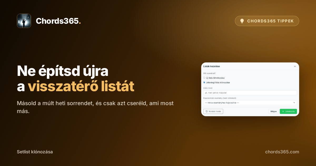 A Chords365 Listák kezelése ablaka, benne a jelenlegi setlist klónozásának kiválasztott lehetőségével.