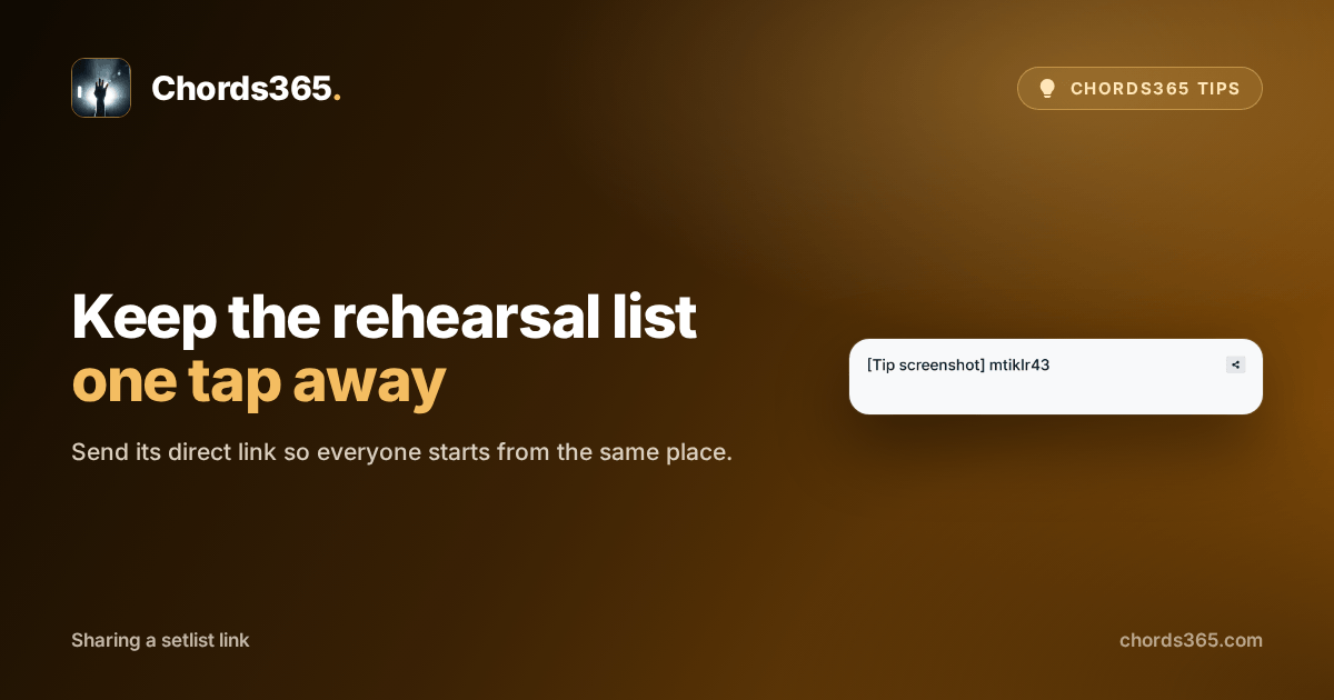 The header of an anonymised temporary Chords365 setlist with the share icon and a “Link copied to clipboard” confirmation.