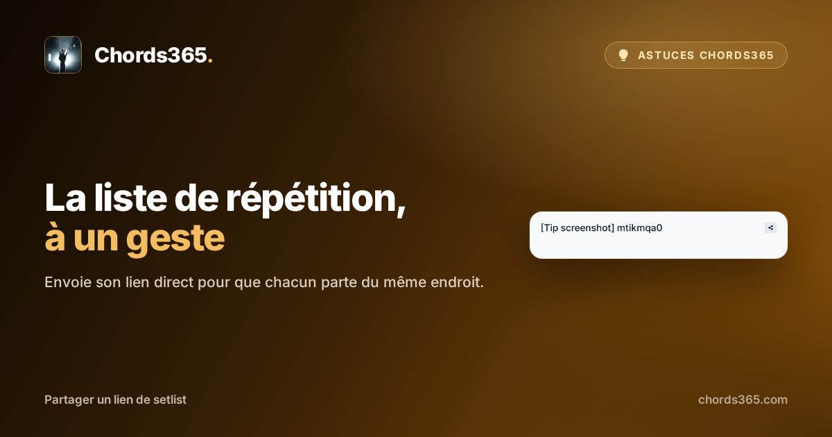 L’en-tête d’une setlist temporaire Chords365 anonymisée, avec l’icône de partage et la confirmation de copie.