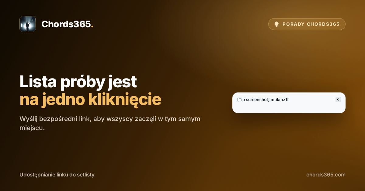 Nagłówek zanonimizowanej tymczasowej setlisty Chords365 z ikoną udostępniania i potwierdzeniem kopiowania.