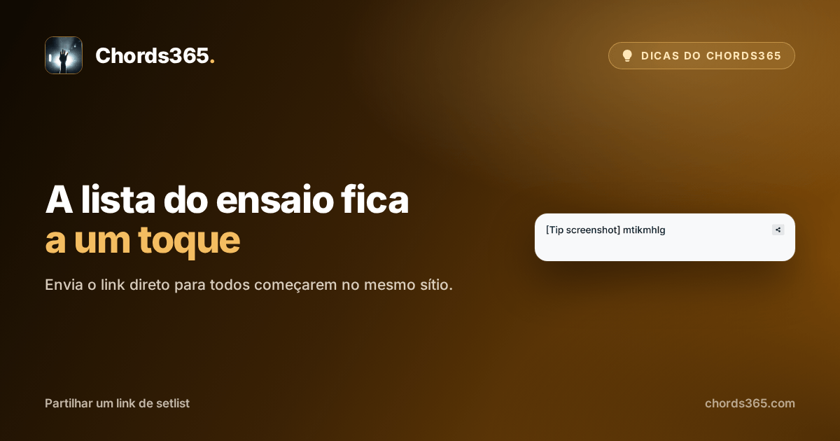 O cabeçalho de uma setlist temporária anonimizada do Chords365, com o ícone de partilha e a confirmação de cópia.
