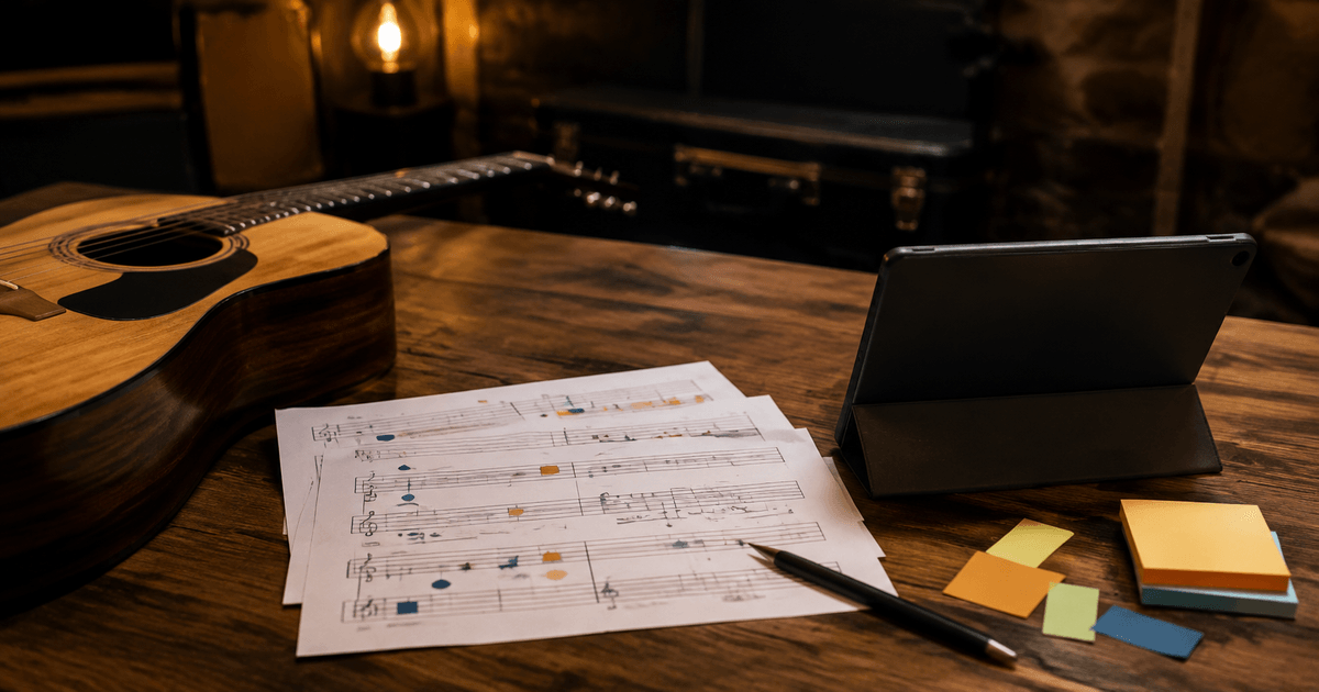 Eine Gitarre, anonyme Notenblätter, ein von hinten sichtbares Tablet und farbige Markierungen auf einem ruhigen Probentisch.