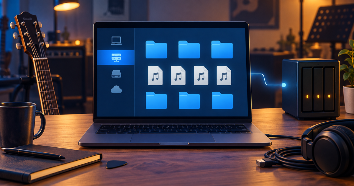 General rehearsal-room laptop with abstract file folders and a network-storage connection, with no personal data or readable labels.