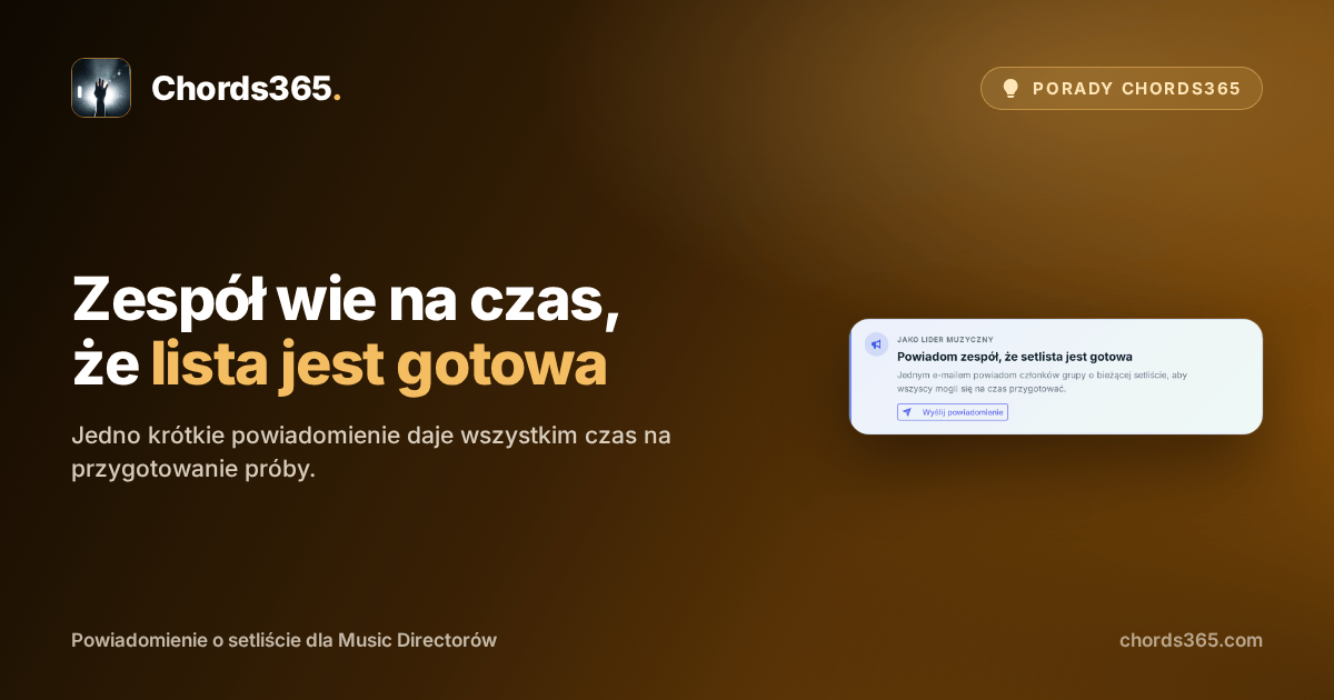 Wyróżniona karta powiadomienia Chords365, z której Music Director może poinformować zespół o gotowej setliście.