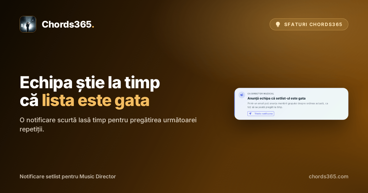 Cardul evidențiat de notificare Chords365, de unde Music Director poate anunța echipa că setlistul este gata.