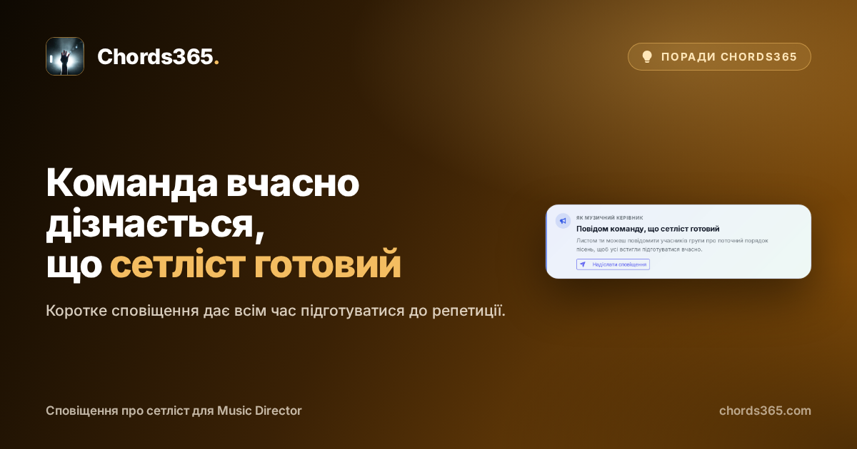 Виділена картка сповіщення Chords365, через яку Music Director повідомляє команді про готовий сетліст.