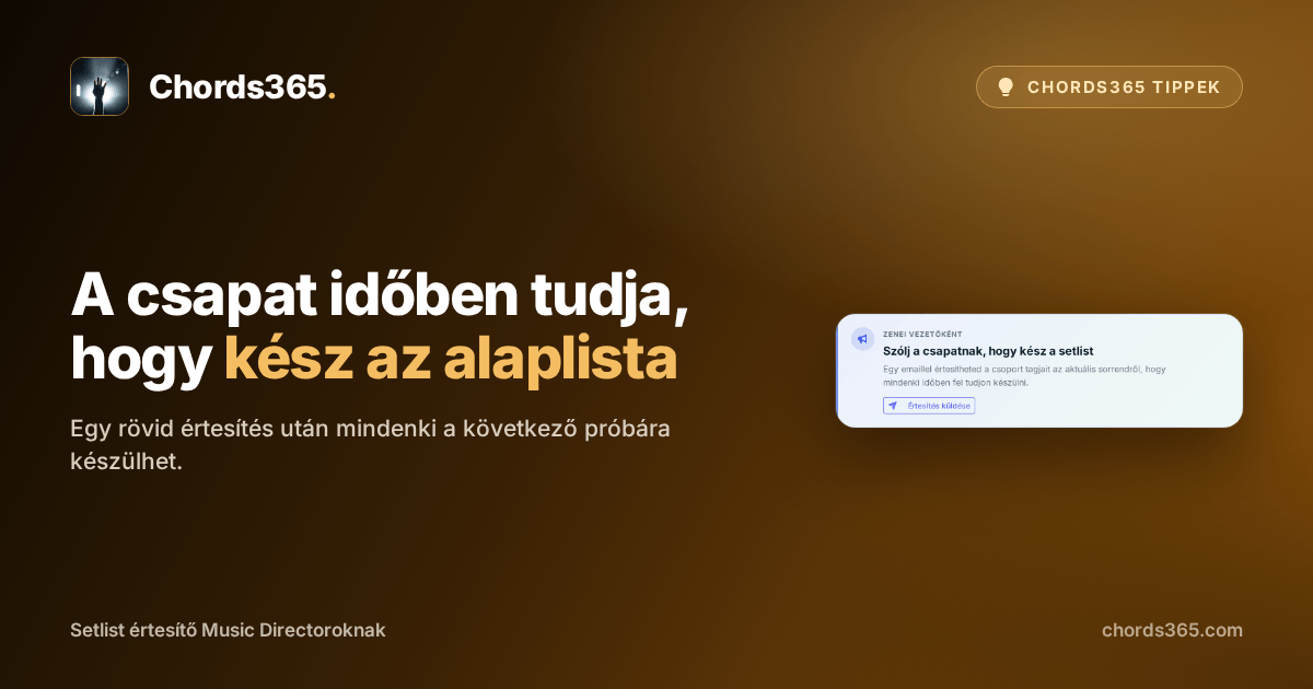 A Chords365 kiemelt értesítőkártyája, amelyről a zenei vezető elküldheti a kész setlist hírét a csapatnak.