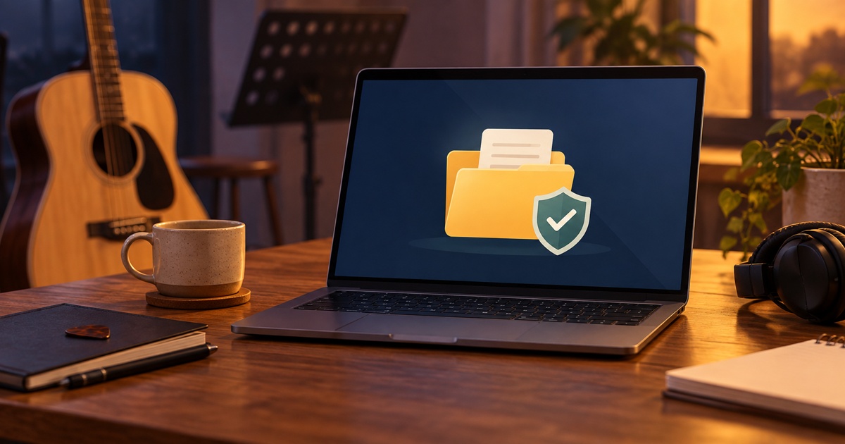 Allgemeiner Laptop im Proberaum mit Ordner- und Schildsymbolen, ohne lesbaren Text oder persönliche Daten.