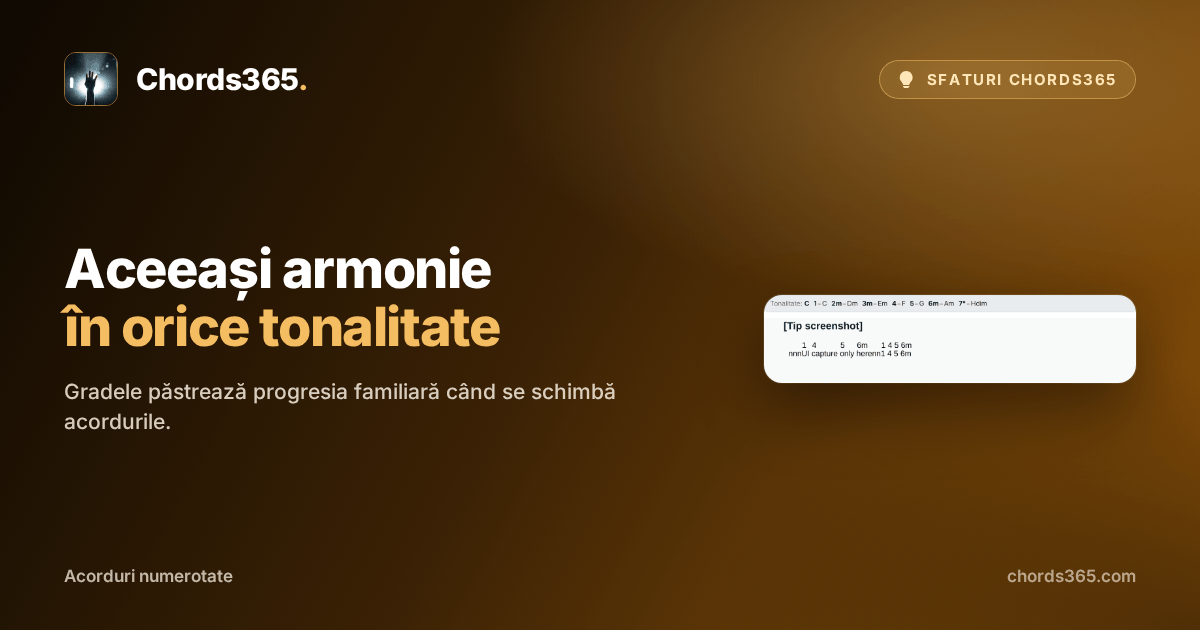 Un fragment de cântec Chords365 anonimizat cu acorduri numerotate și o legendă a gradelor.